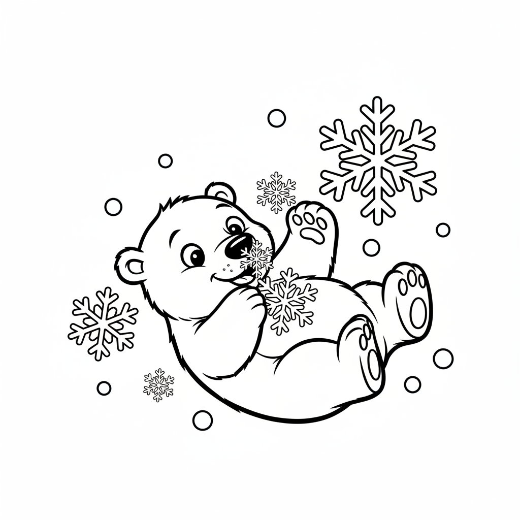 Urocze małe niedźwiedź polarny bawiący się płatkami śniegu, kolorowanka dla dzieci, czarne kontury, białe tło.