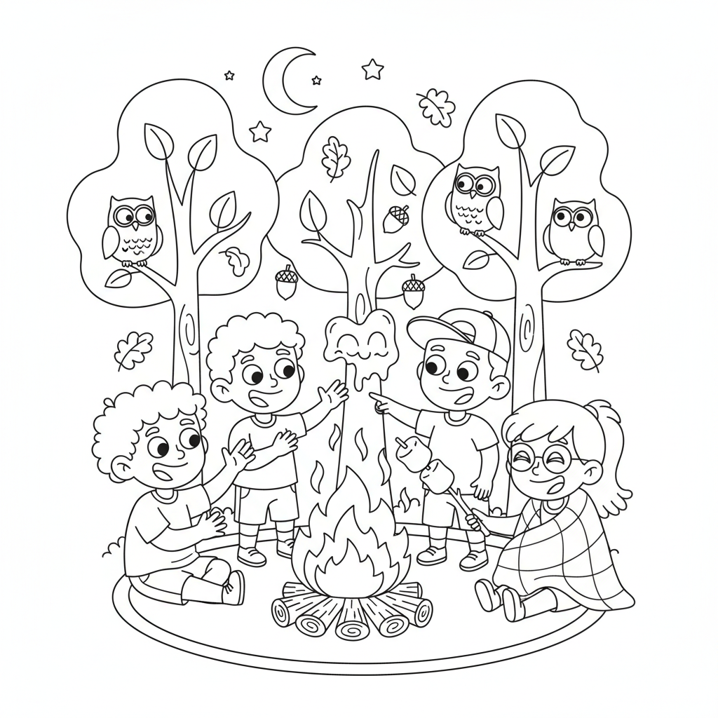 Przytulne ognisko z dziećmi opowiadającymi historie, otoczone jesiennymi drzewami, kolorowanka dla dzieci, czarne kontur...