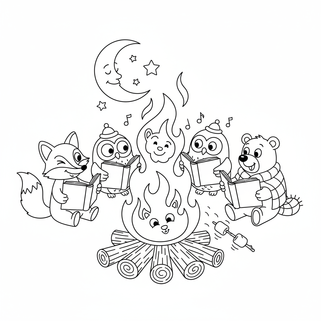 Ognisko z polanami i płomieniami, idealne do opowiadania historii w letnią noc, kolorowanka dla dzieci, czarne kontury, ...