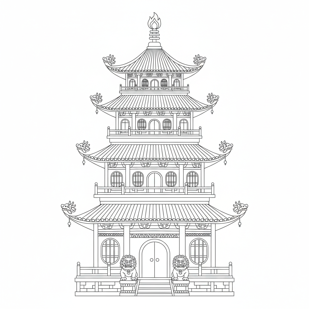 Pagoda z wieloma okapami do kolorowania