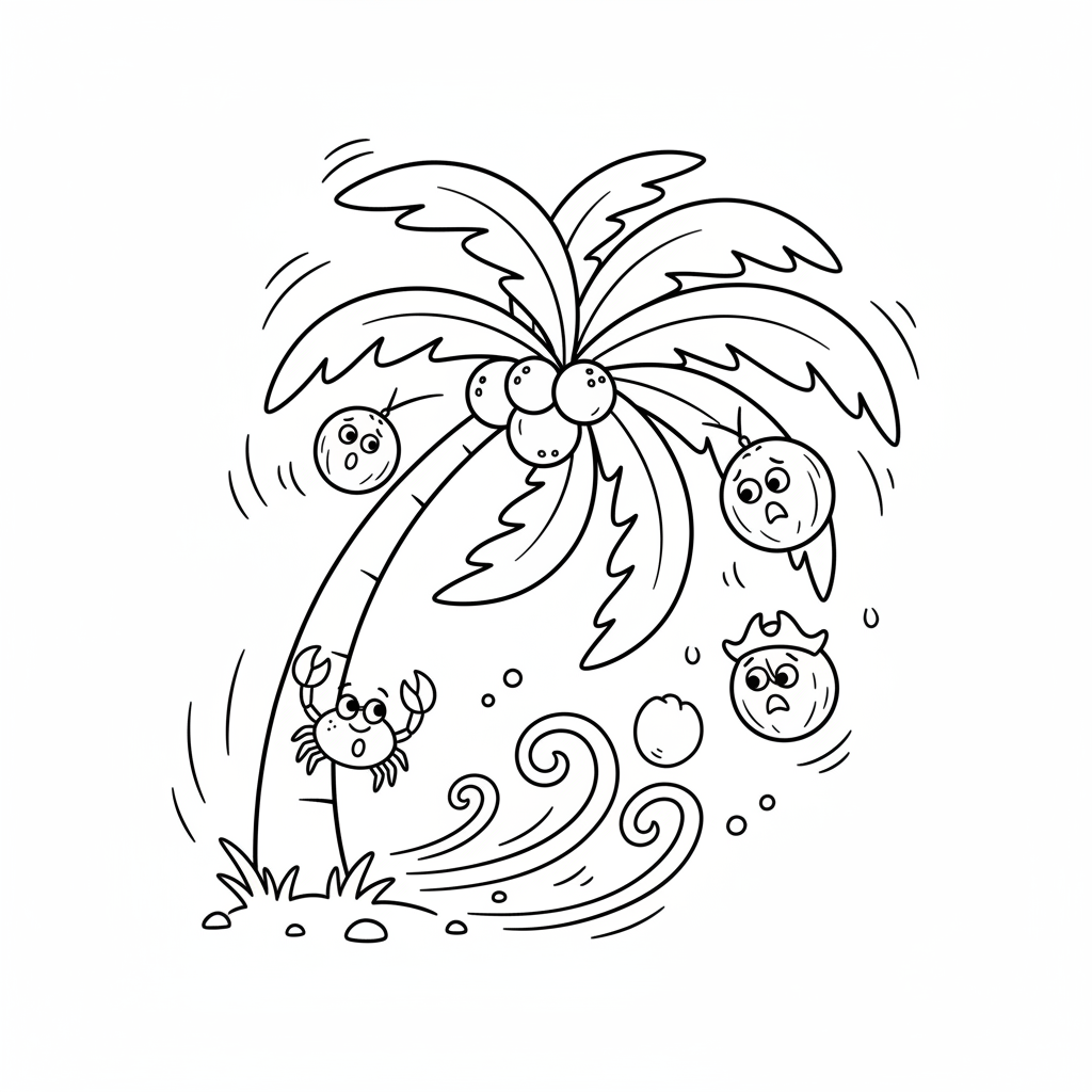 Palma kokosowa kołysząca się w tropikalnej bryzie, z kokosami, kolorowanka dla dzieci, czarne kontury, białe tło.
