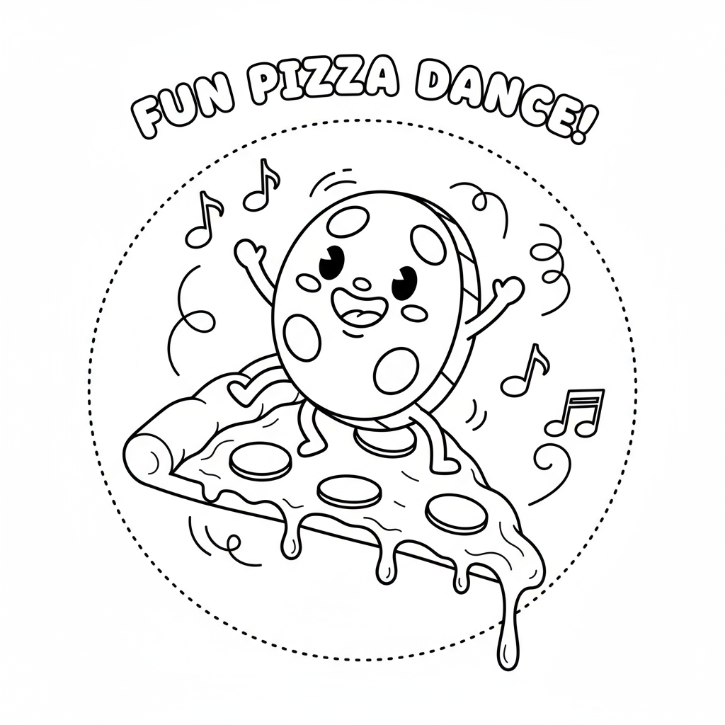 Pepperoni tańczące na kawałku pizzy do kolorowania