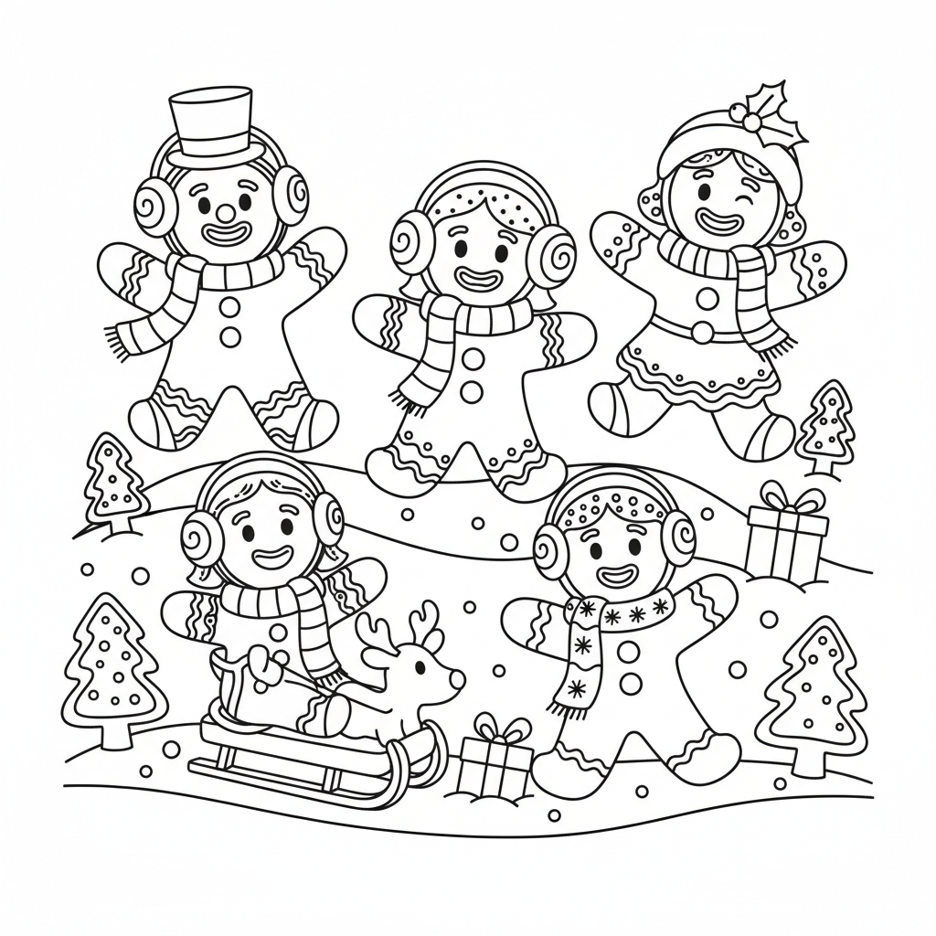 Wesoła grupa piernikowych ludzików, ozdobionych na zimę, kolorowanka dla dzieci, czarne kontury, białe tło.