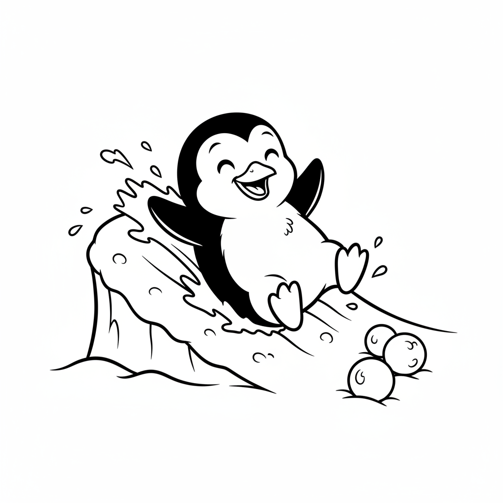 Szczęśliwy pingwin zjeżdżający po lodowej górce, kolorowanka dla dzieci, czarne kontury, białe tło.