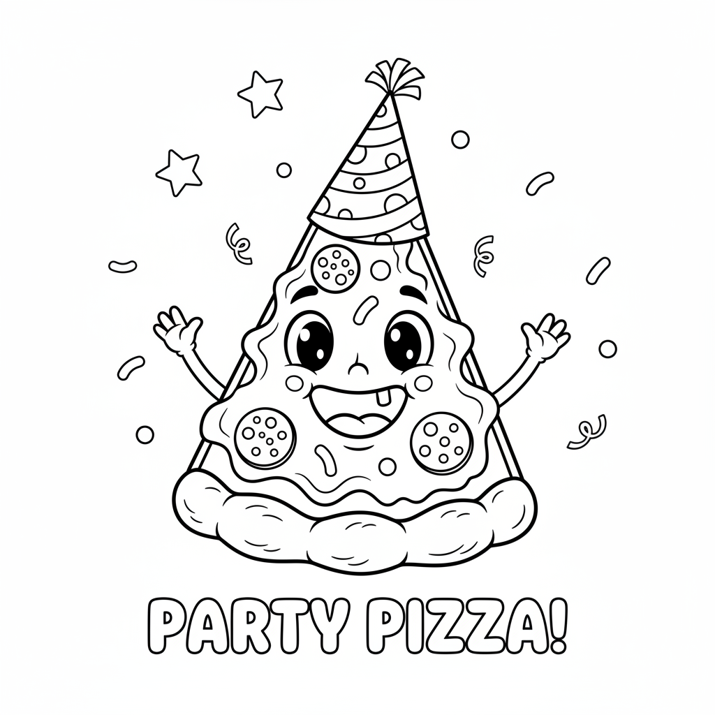 Kawałek pizzy w imprezowej czapce do kolorowania