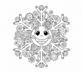 Wesoły płatek śniegu o misternych wzorach, kolorowanka dla dzieci, czarne kontury, białe tło.