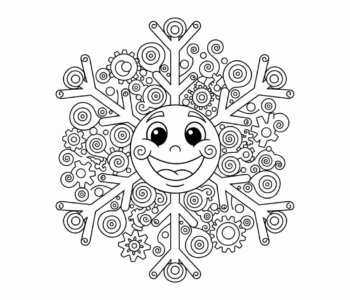 Wesoły płatek śniegu o misternych wzorach, kolorowanka dla dzieci, czarne kontury, białe tło.