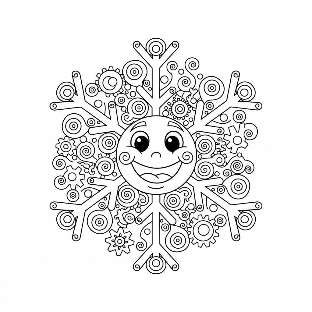 Wesoły płatek śniegu o misternych wzorach, kolorowanka dla dzieci, czarne kontury, białe tło.