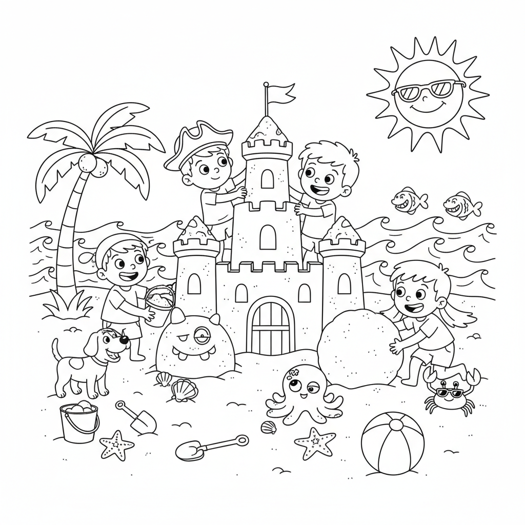 Słoneczna plaża z dziećmi budującymi zamki z piasku, kolorowanka dla dzieci, czarne kontury, białe tło.