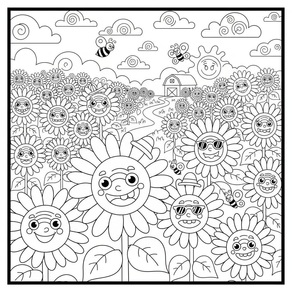 Kwitnące pole słoneczników pod czystym błękitnym niebem, kolorowanka dla dzieci, czarne kontury, białe tło.