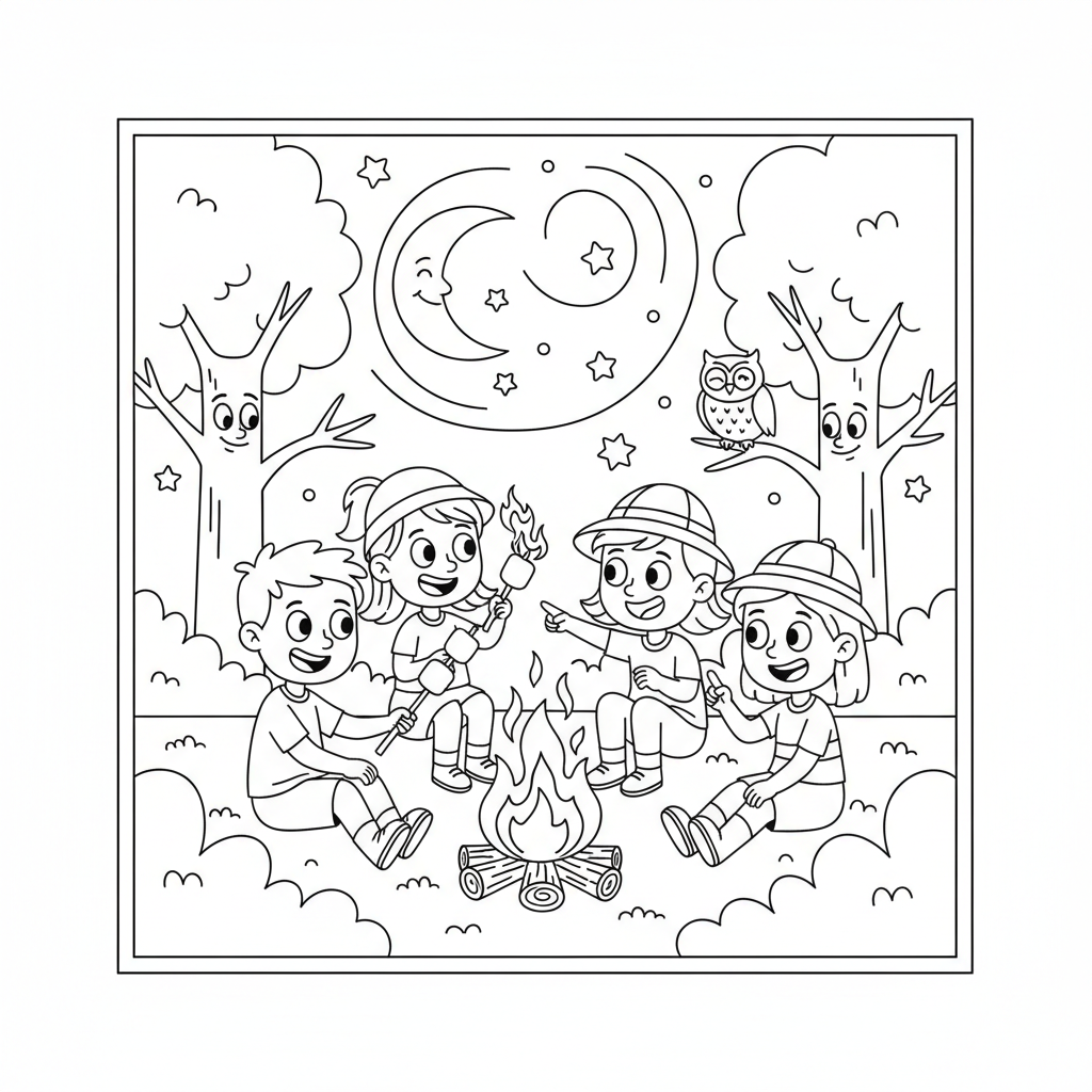 Grupa przyjaciół cieszących się ogniskiem pod gwieździstym nocnym niebem, kolorowanka dla dzieci, czarne kontury, bia...