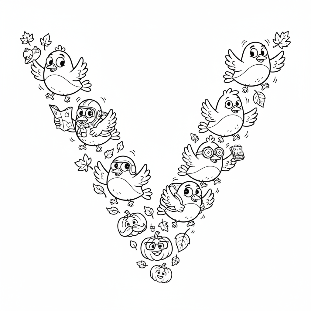 Grupa migrujących ptaków lecących w formacji "V" na tle jesiennego nieba, kolorowanka dla dzieci, czarne kontury, biał...