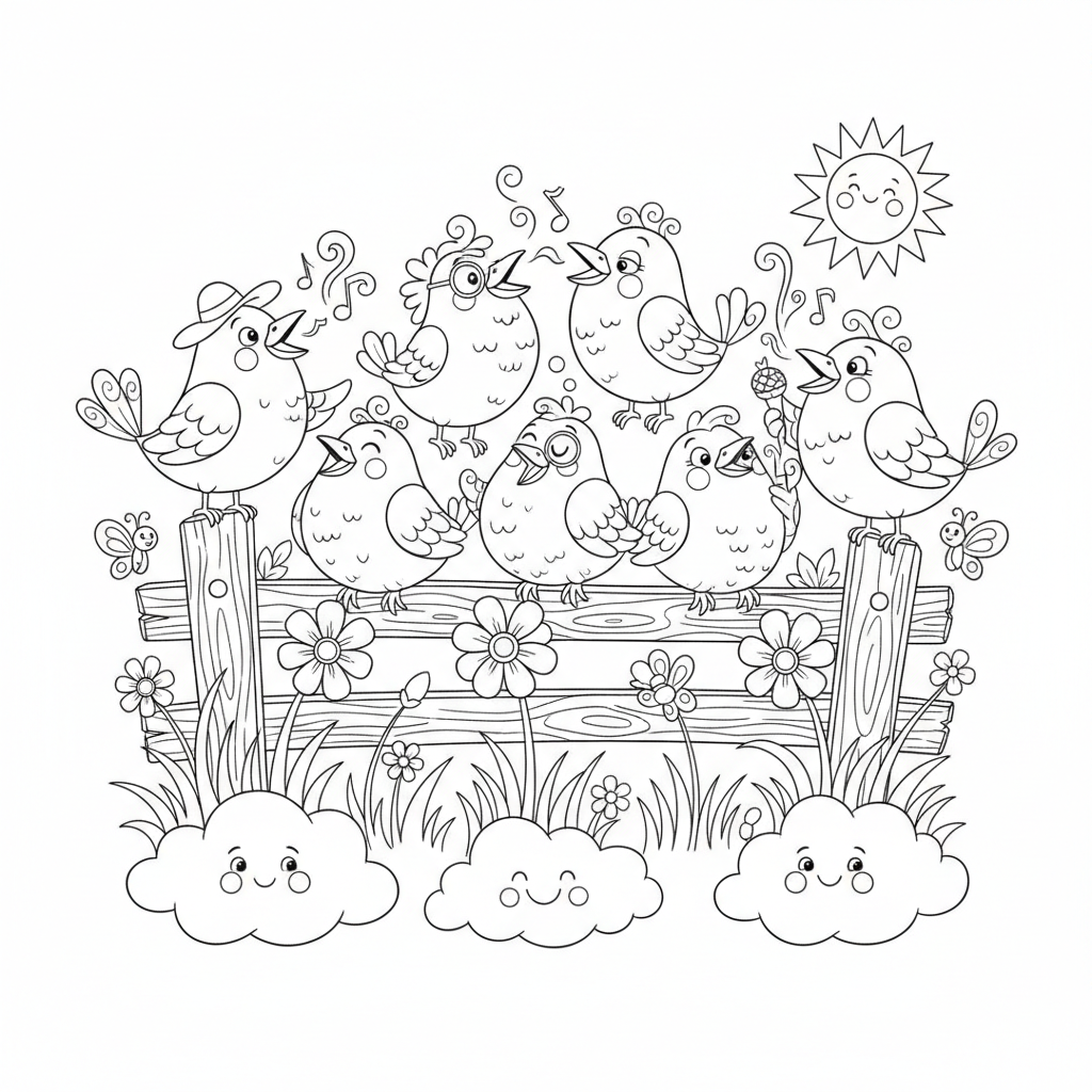 Grupa kolorowych ptaków siedzących na płocie, śpiewających wiosenne piosenki, kolorowanka dla dzieci, czarne kontury,...