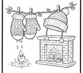 Para rękawiczek i wełniana czapka, wiszące do wyschnięcia przy kominku, kolorowanka dla dzieci, czarne kontury, białe...