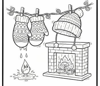 Para rękawiczek i wełniana czapka, wiszące do wyschnięcia przy kominku, kolorowanka dla dzieci, czarne kontury, białe...