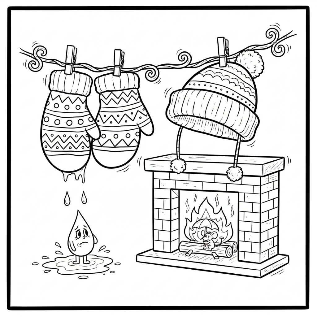 Para rękawiczek i wełniana czapka, wiszące do wyschnięcia przy kominku, kolorowanka dla dzieci, czarne kontury, białe...