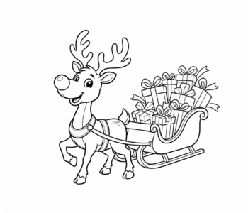 Renifer z czerwonym nosem, ciągnący sanie pełne prezentów, kolorowanka dla dzieci, czarne kontury, białe tło.