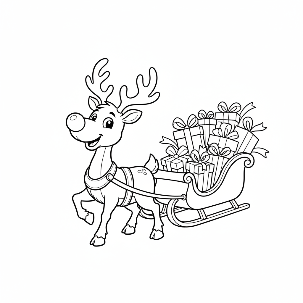 Renifer z czerwonym nosem, ciągnący sanie pełne prezentów, kolorowanka dla dzieci, czarne kontury, białe tło.