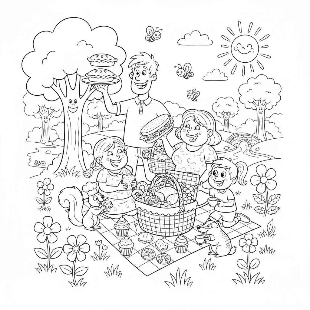 Rodzina na pikniku w zielonym parku, z koszykiem pełnym smakołyków, kolorowanka dla dzieci, czarne kontury, białe tło.