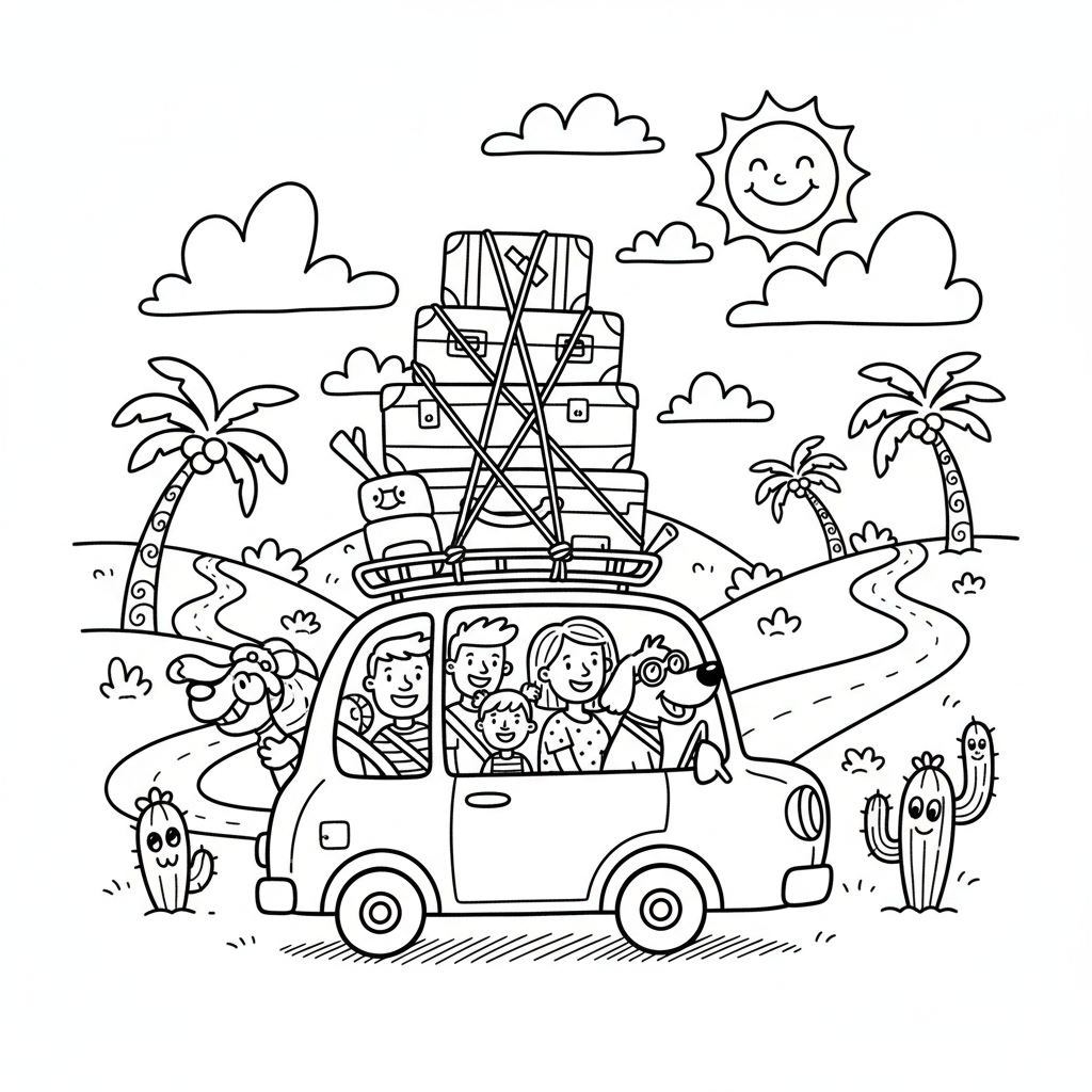 Szczęśliwa rodzina jadąca samochodem na wycieczkę, z bagażem na dachu, kolorowanka dla dzieci, czarne kontury, białe...
