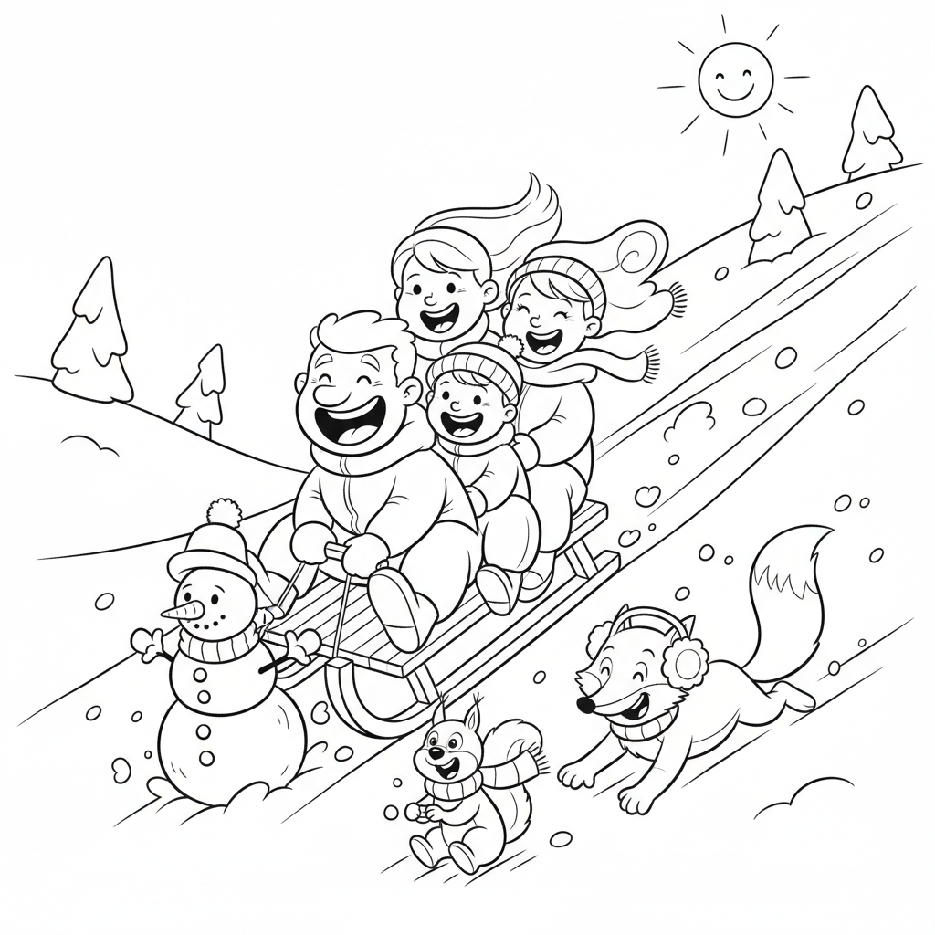 Szczęśliwa rodzina zjeżdżająca na sankach z ośnieżonej górki, kolorowanka dla dzieci, czarne kontury, białe tło.