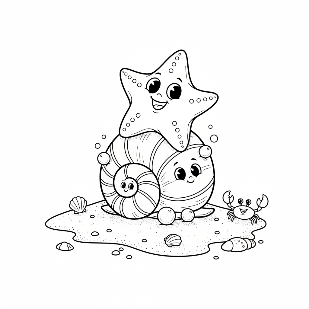 Urocza rozgwiazda i muszelka na piaszczystej plaży, kolorowanka dla dzieci, czarne kontury, białe tło.