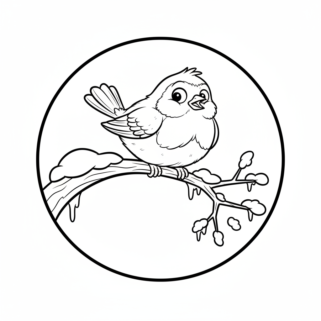 Rudzik siedzący na ośnieżonej gałęzi, kolorowanka dla dzieci, czarne kontury, białe tło.