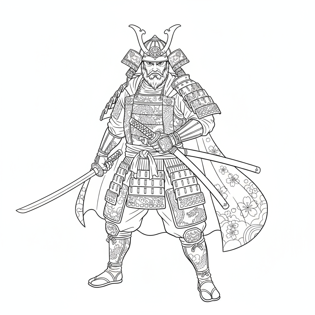 Wojownik samurajski w zbroi z kataną do kolorowania