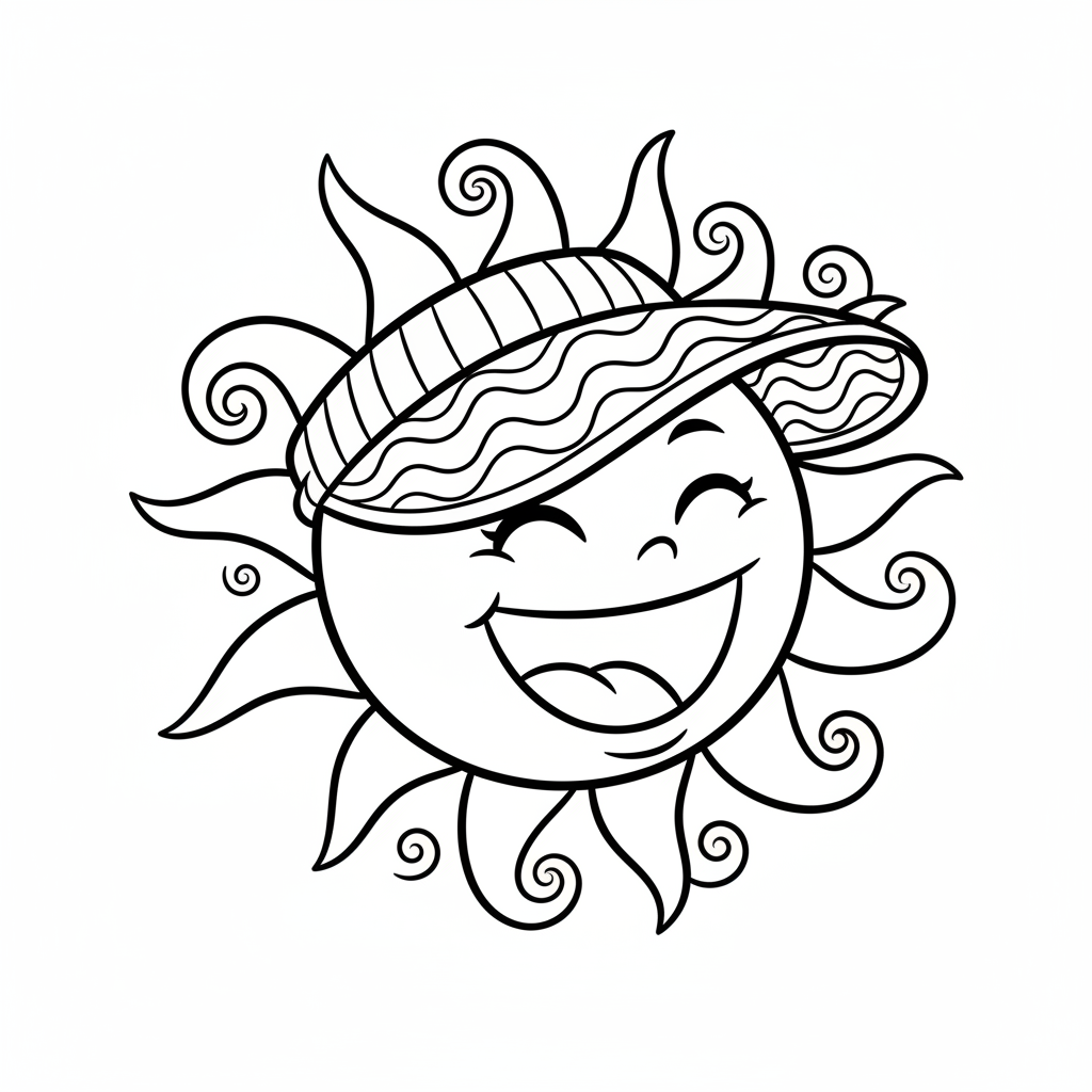 Uśmiechnięte słońce w daszku, idealne na dzień na plaży, kolorowanka dla dzieci, czarne kontury, białe tło.