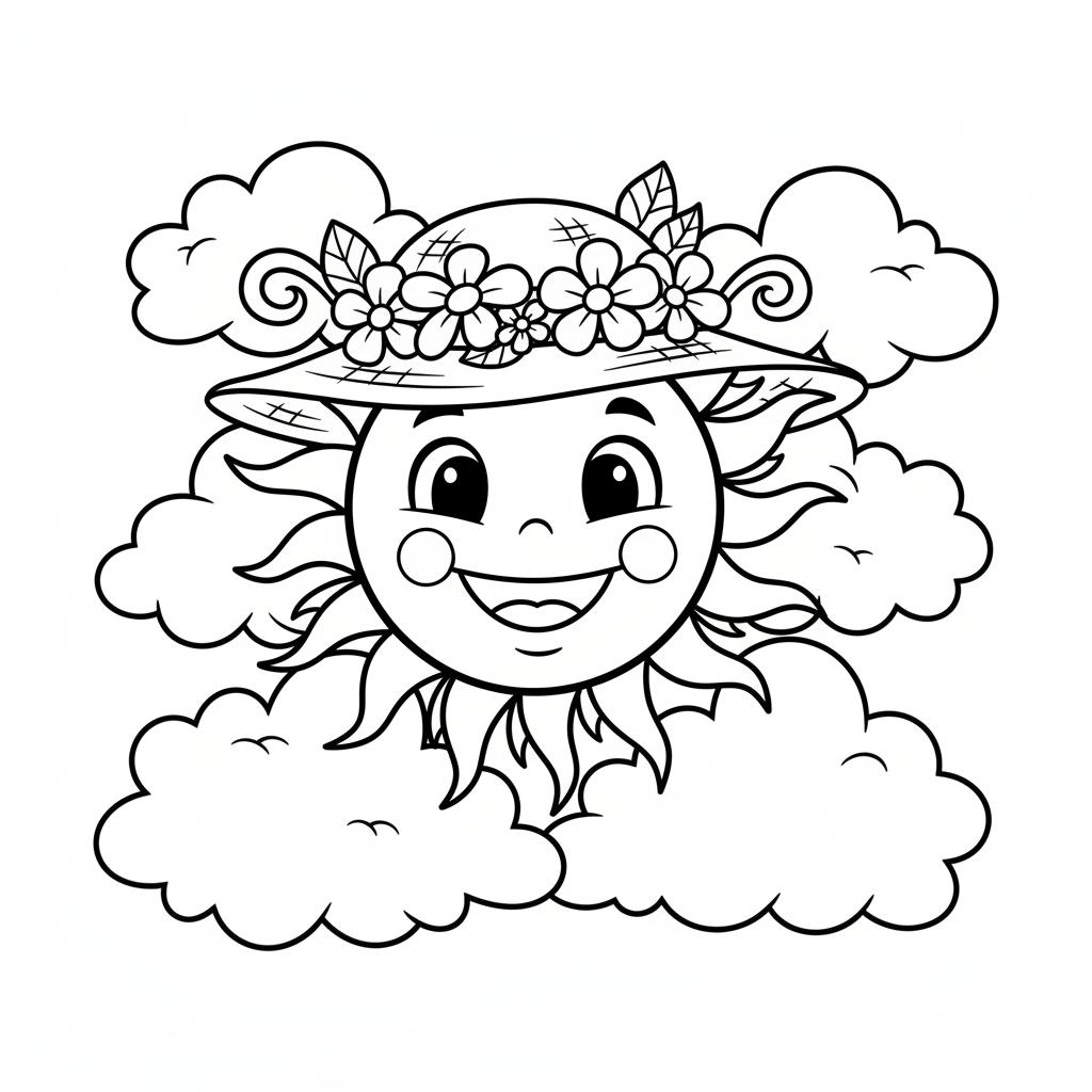Wesołe słońce w wiosennym kapeluszu, otoczone puszystymi chmurami, kolorowanka dla dzieci, czarne kontury, białe tło.