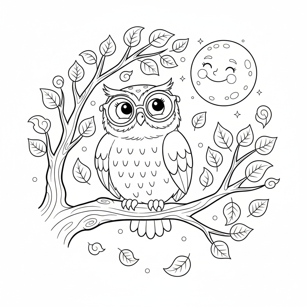 Mądra sowa siedząca na gałęzi jesiennego drzewa, patrząca na pełnię księżyca, kolorowanka dla dzieci, czarne kont...