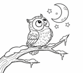 Urocza sowa siedząca na ośnieżonej gałęzi, patrząca na księżyc, kolorowanka dla dzieci, czarne kontury, białe tło.