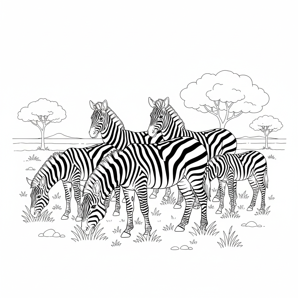 Stado zebr pasące się w Afryce do kolorowania