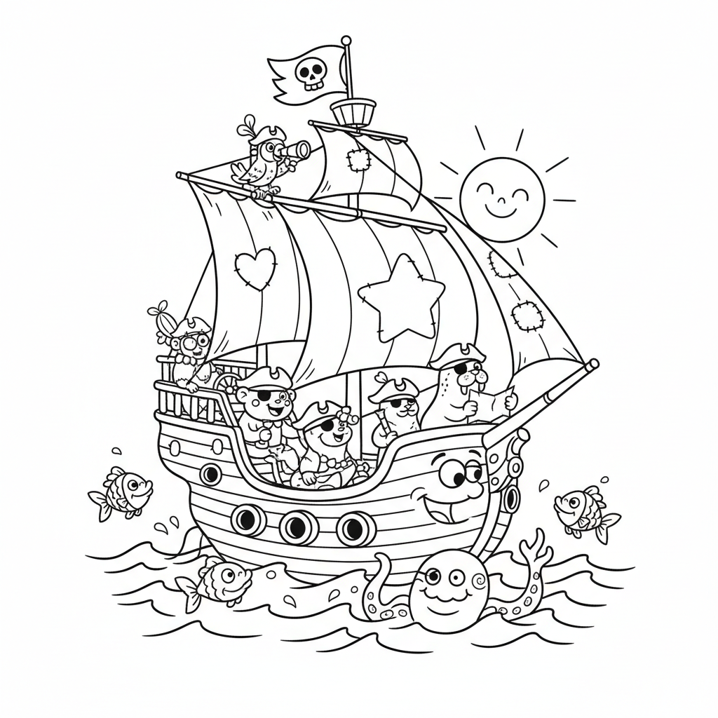 Przygodowy statek piracki płynący po otwartym morzu, kolorowanka dla dzieci, czarne kontury, białe tło.