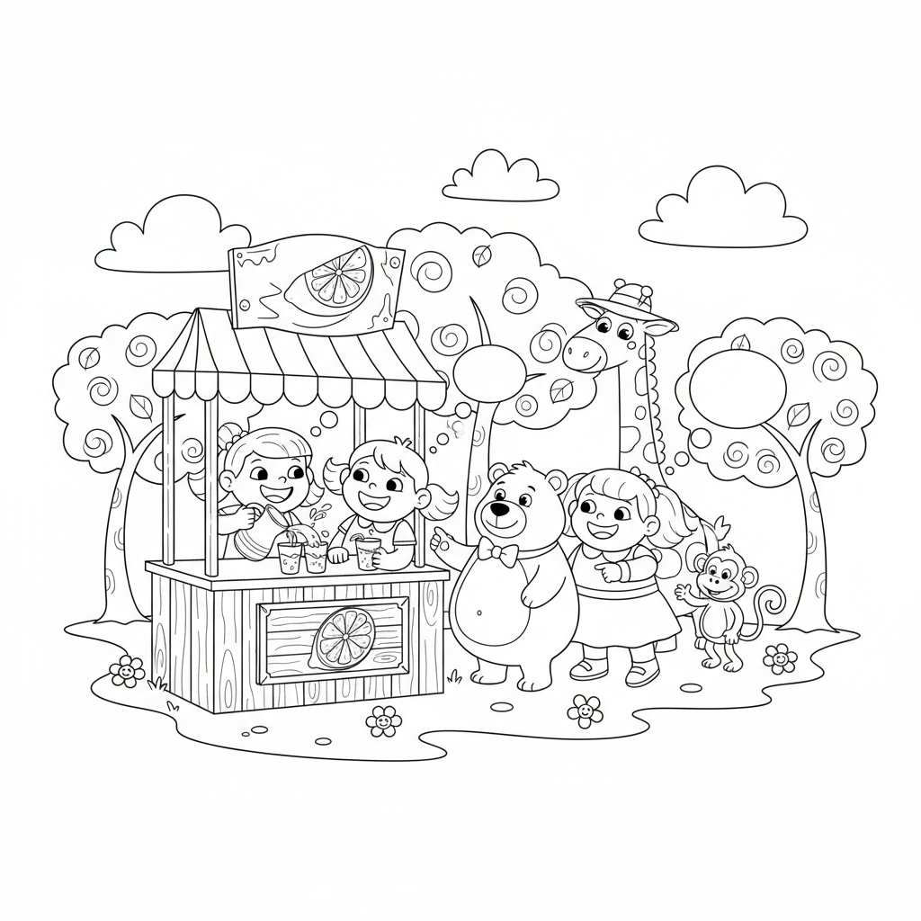 Stoisko z orzeźwiającą lemoniadą prowadzone przez wesołe dzieci, kolorowanka dla dzieci, czarne kontury, białe tło.