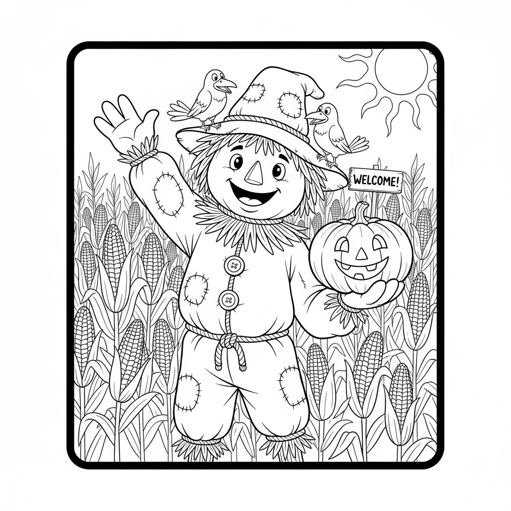 Przyjazny strach na wróble machający na polu złotej kukurydzy, kolorowanka dla dzieci, czarne kontury, białe tło.