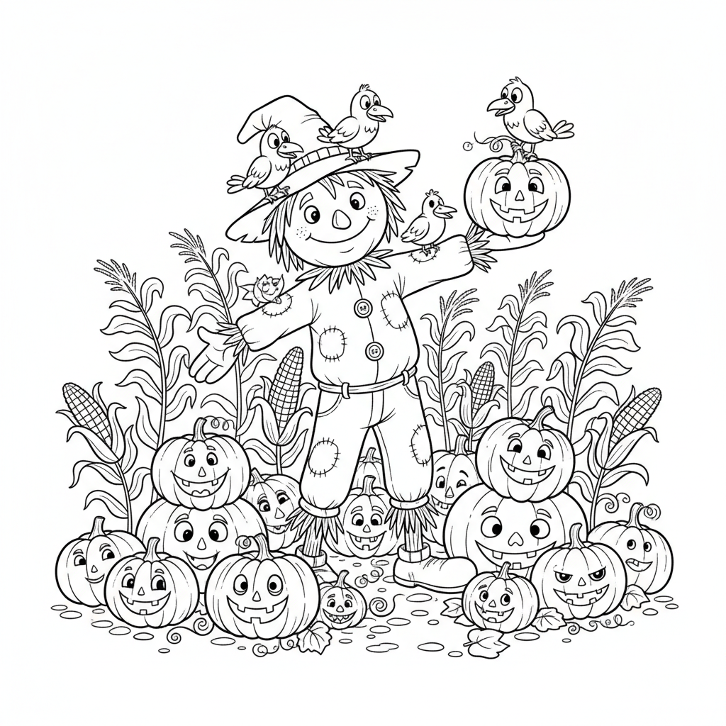 Strach na wróble stojący na polu dyni, otoczony różnymi dyniami i łodygami kukurydzy, kolorowanka dla dzieci, czarne ...