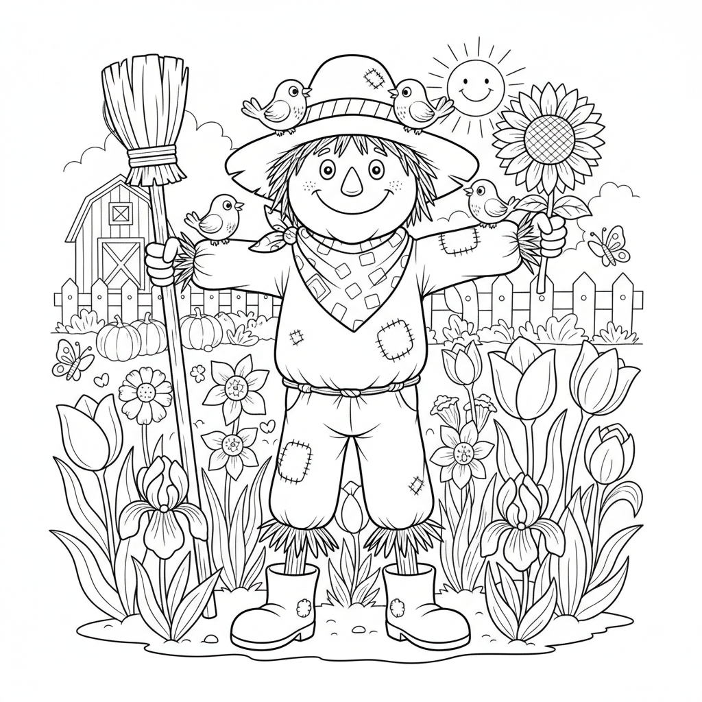 Przyjazny strach na wróble stojący w wiosennym ogrodzie z kwitnącymi roślinami, kolorowanka dla dzieci, czarne kontury...