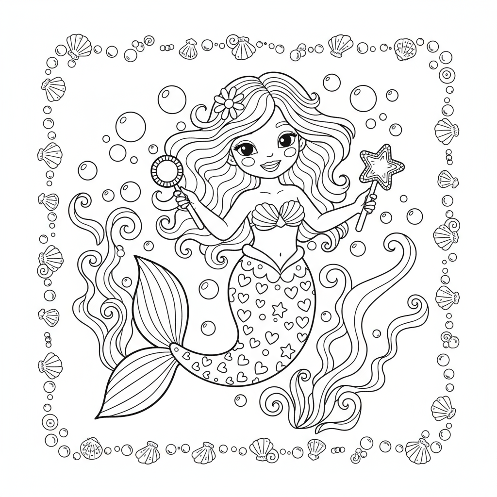 Syrena z bąbelkami i wodorostami do kolorowania