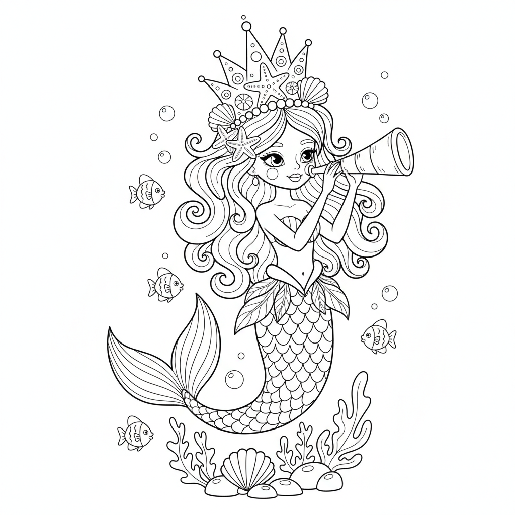 Syrena z piękną koroną z muszelek do kolorowania