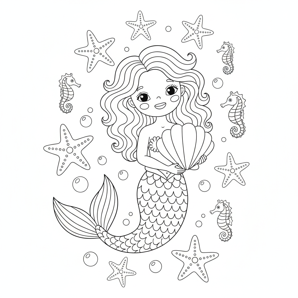 Syrena otoczona rozgwiazdami i konikami morskimi do kolorowania