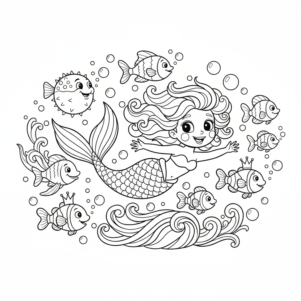 Syrena pływająca z przyjaznymi rybami do kolorowania
