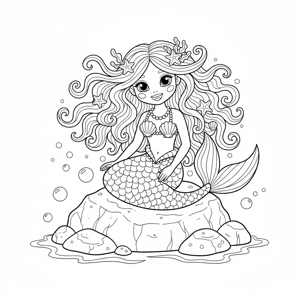 Syrena siedząca na skale z długimi włosami do kolorowania
