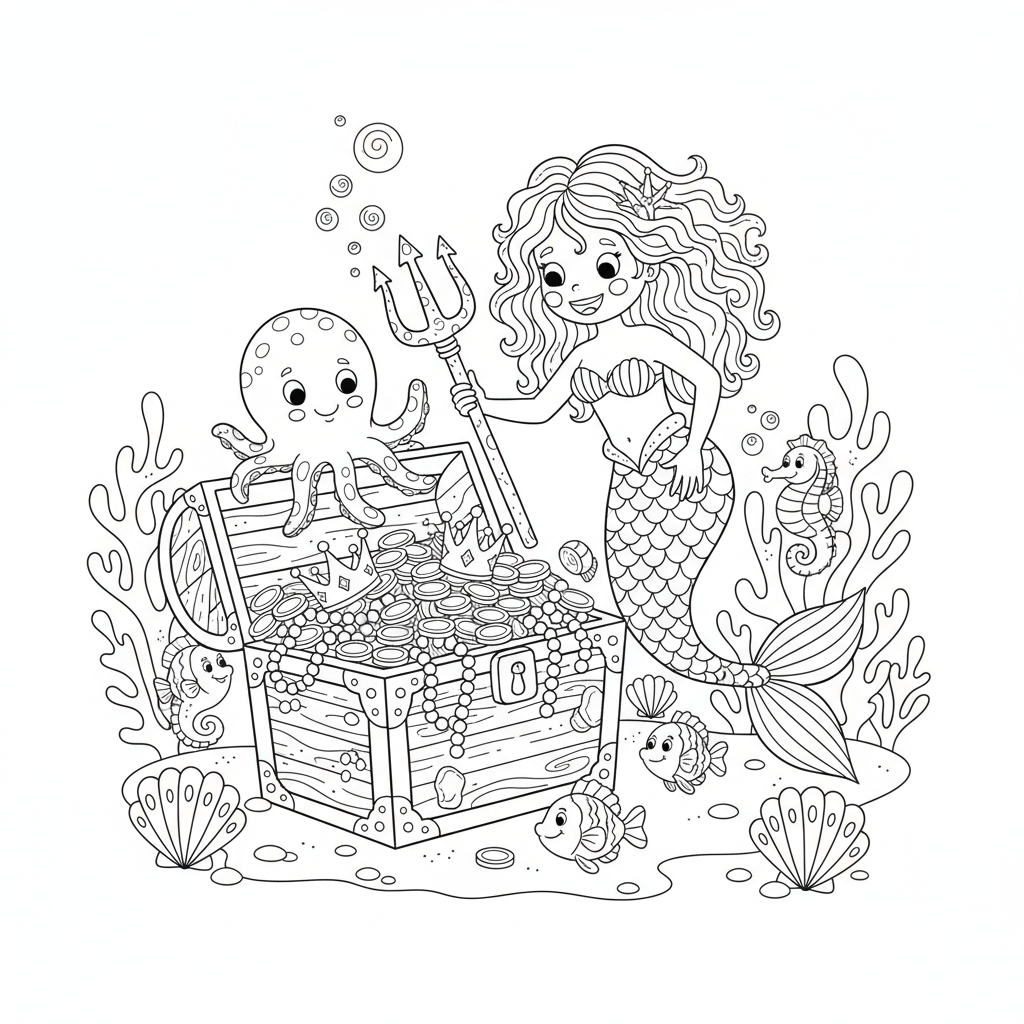Syrena odkrywająca zatopioną skrzynię skarbów do kolorowania