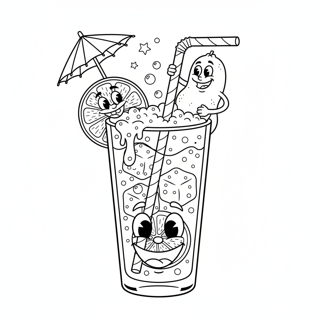Orzeźwiająca szklanka soku ze słomką i parasolką, kolorowanka dla dzieci, czarne kontury, białe tło.