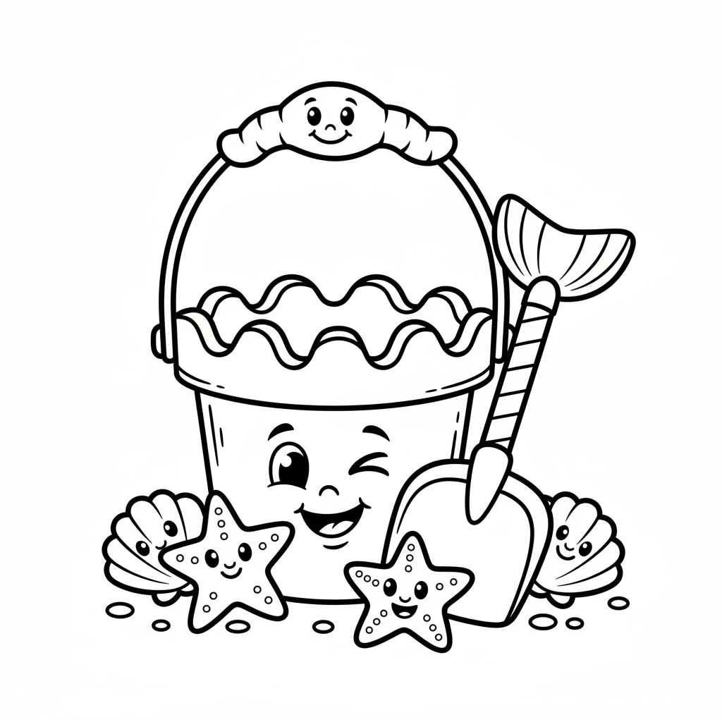 Wiaderko i łopatka gotowe do budowy zamku z piasku, kolorowanka dla dzieci, czarne kontury, białe tło.