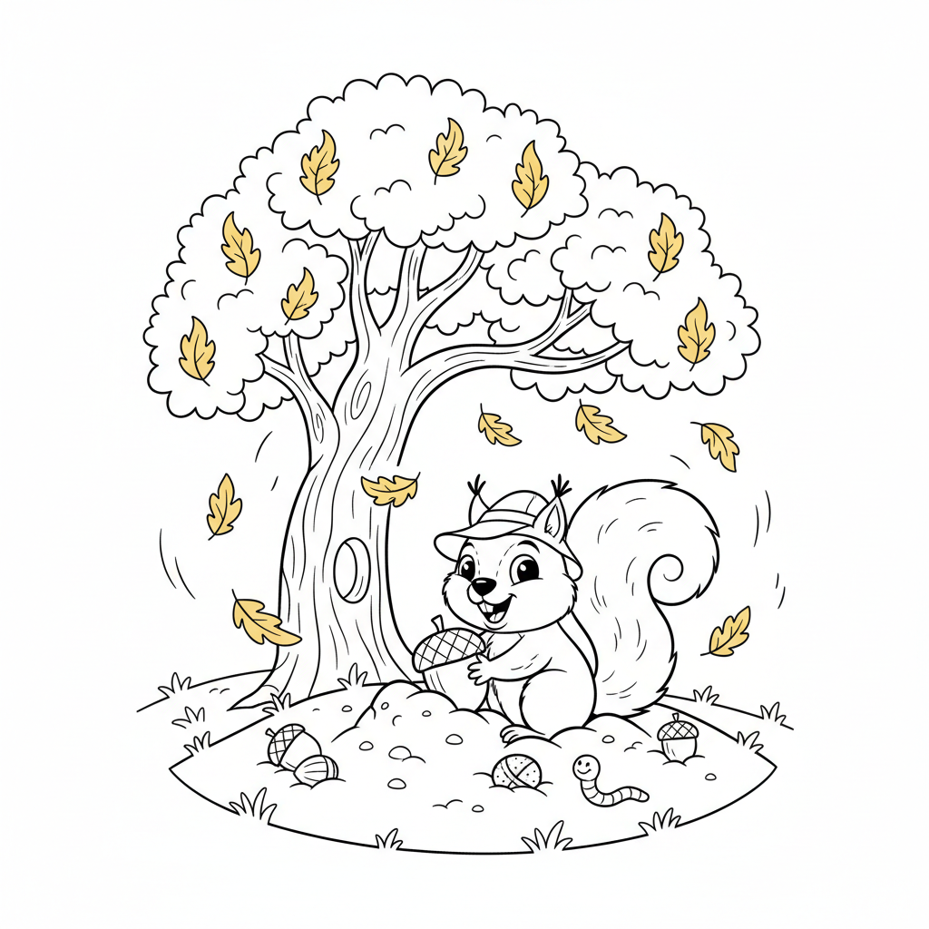Szczęśliwa wiewiórka chowająca orzechy pod dębem ze złotymi liśćmi, kolorowanka dla dzieci, czarne kontury, białe...