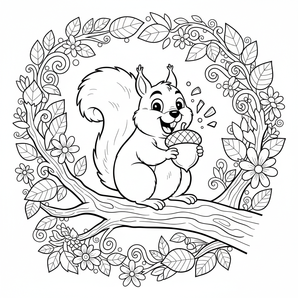 Rozbrykana wiewiórka rozłupująca orzecha na gałęzi drzewa, otoczona bujnymi letnimi liśćmi, kolorowanka dla dzieci,...