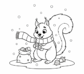 Przyjazna wiewiórka w maleńkim szaliku, zbierająca orzechy w śniegu, kolorowanka dla dzieci, czarne kontury, białe tło.
