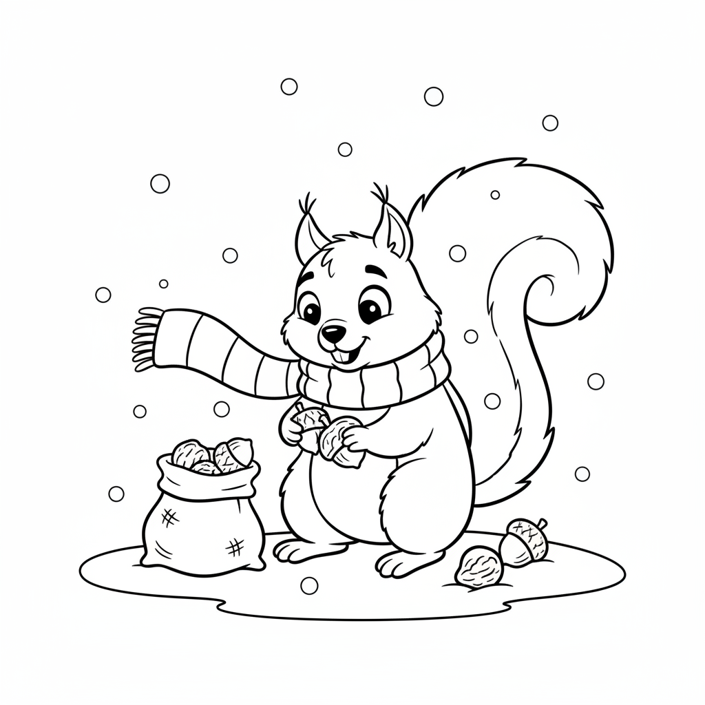 Przyjazna wiewiórka w maleńkim szaliku, zbierająca orzechy w śniegu, kolorowanka dla dzieci, czarne kontury, białe tło.